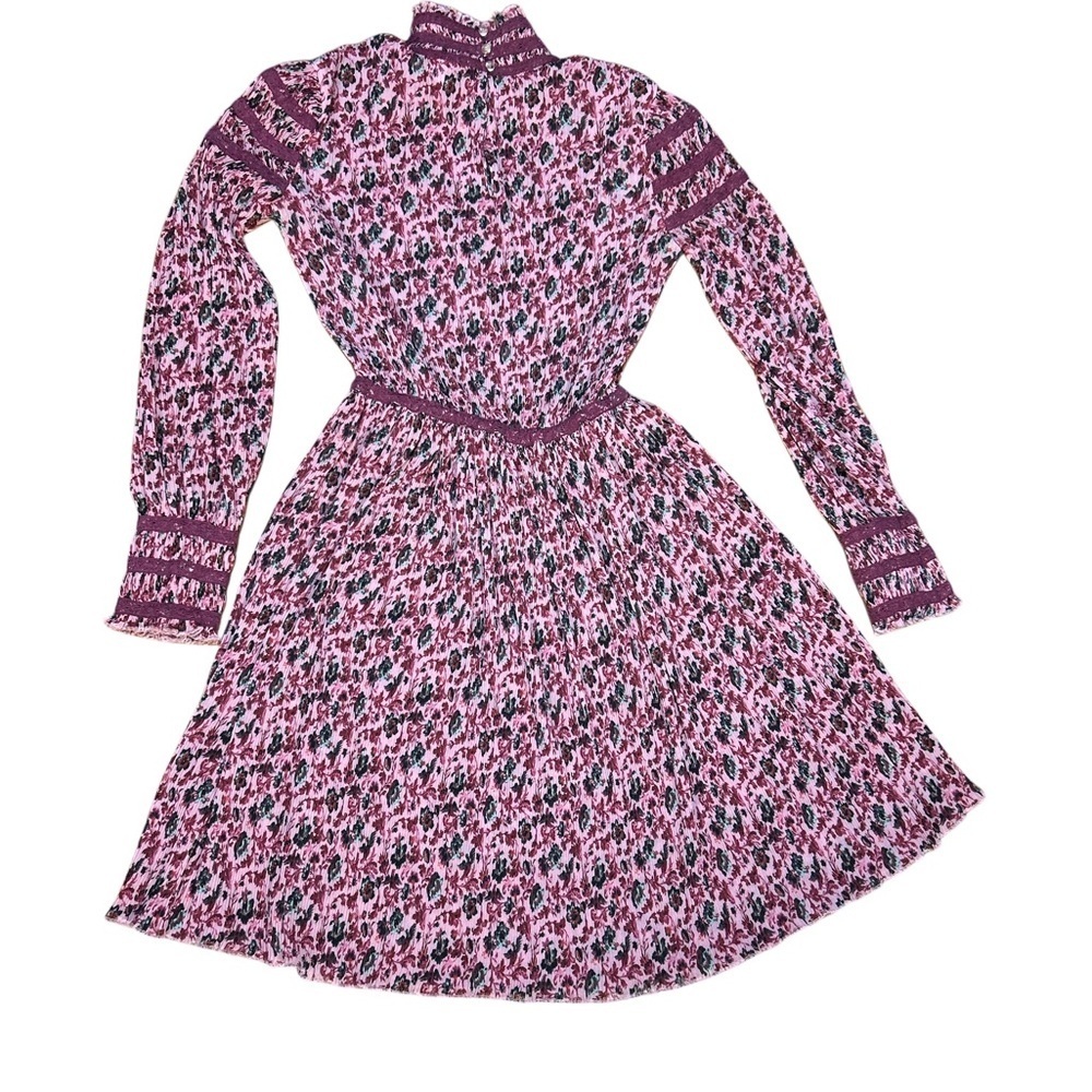 Zac Posen Pink Floral Long Sleeve Mock Neck Dress Size 0 Fit & Flare Boho Chic - Picture 3 of 8